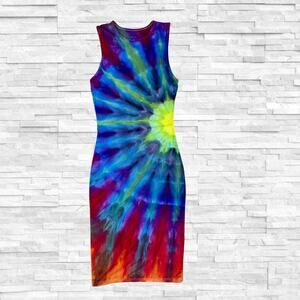 Ice Dyed Tank Dress - Sleeveless Bodycon - Vibrant Rainbow (Women's XSmall)